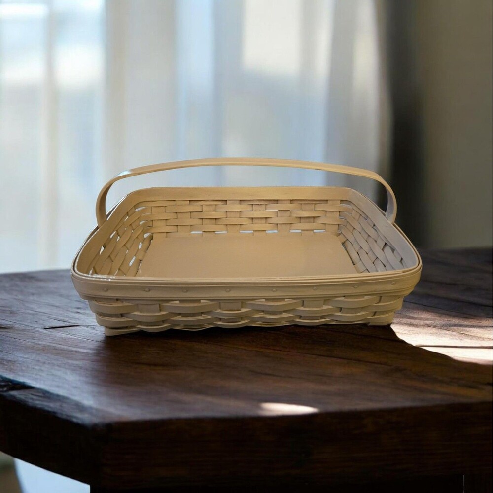 2002 Longaberger 13" Rectangle Fixed Center Handle Upcycled Antique White Basket - Picture 2 of 14